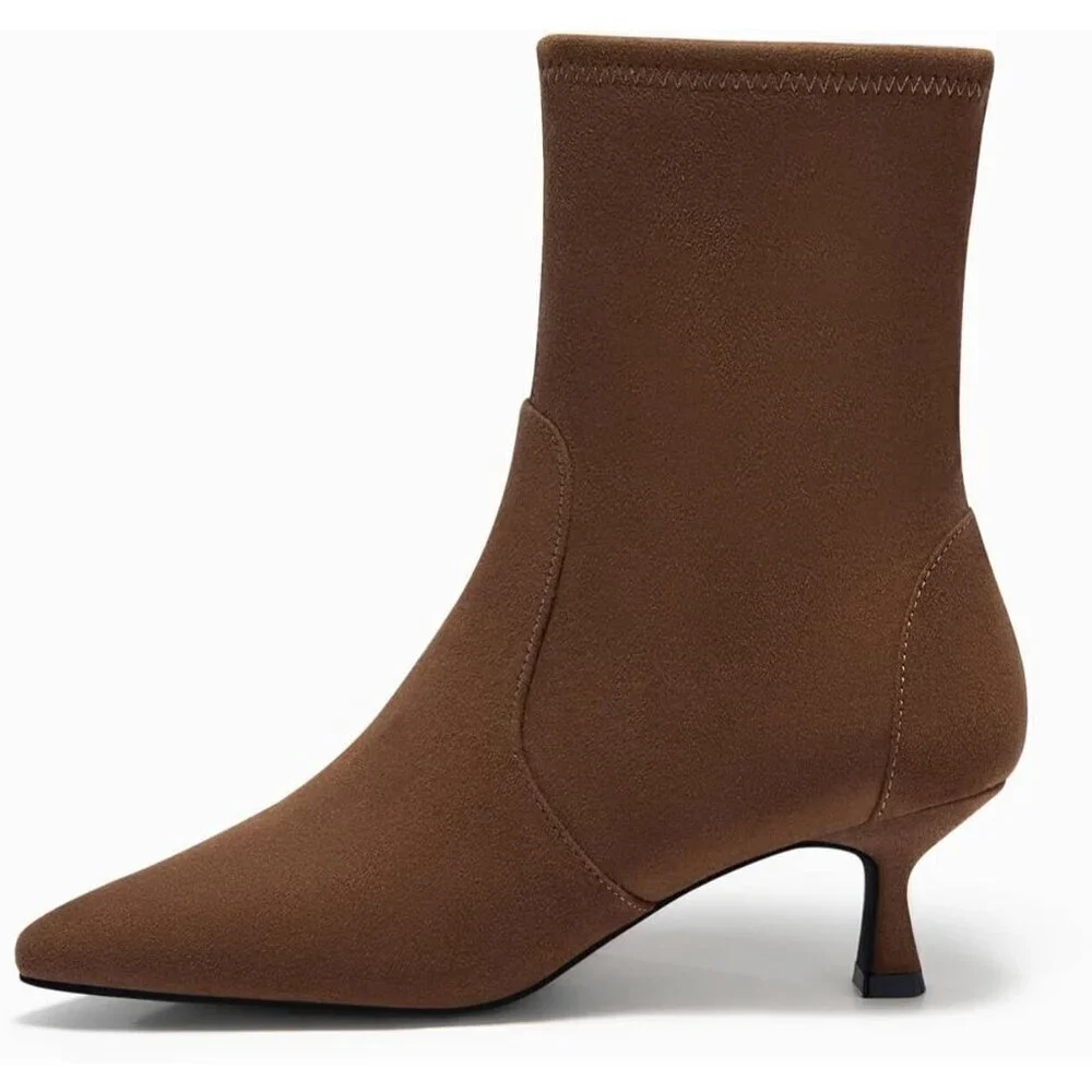 Women's Dark Brown Low Kitten Heel Ankle Shoes Pointed Toe Side Zipper Fall Boot